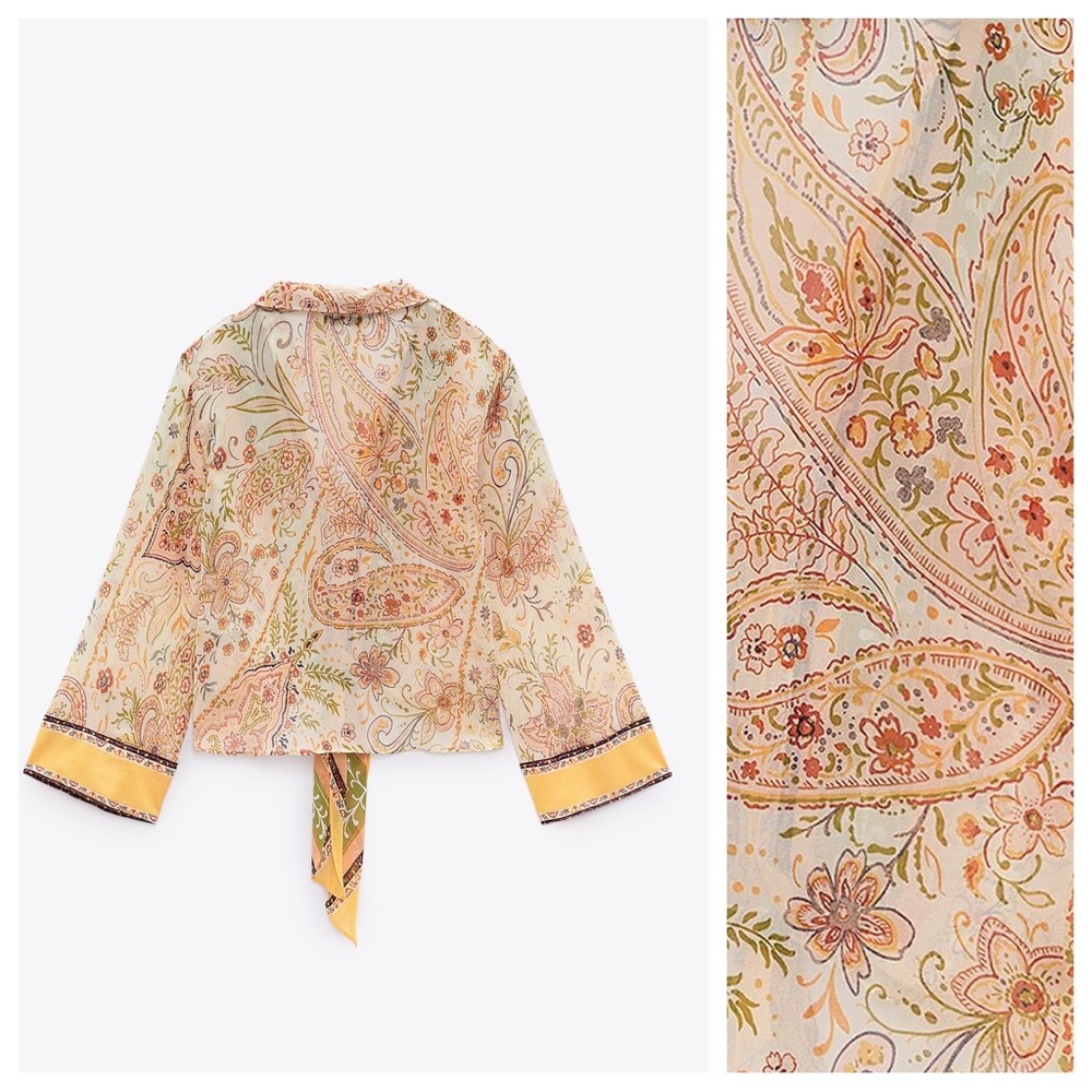 NWT. Zara Cream/Beige Paisley Printed Chiffon Blouse. Size L. - Picture 7 of 10